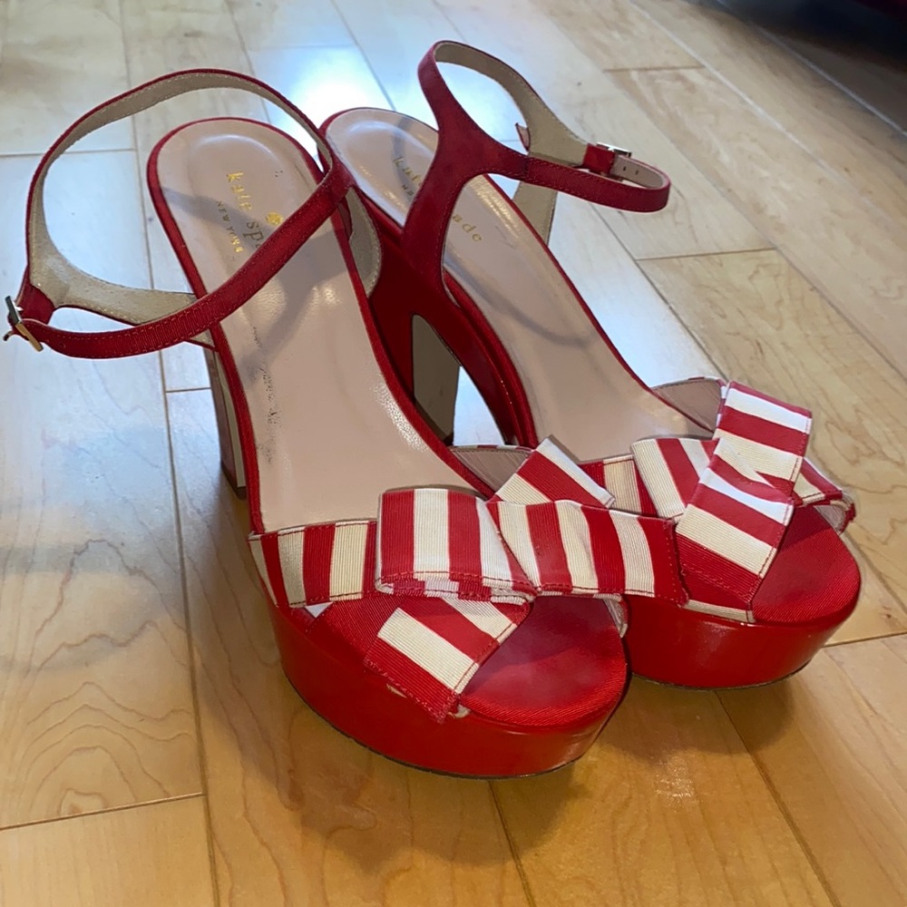 KATE SPADE Pin-Up Girl Heels platform Red & White Stripe size 9 leather & fabric